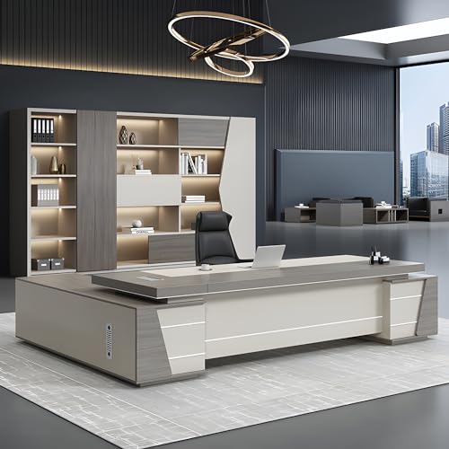 Modern Gray L-Shaped Executive Desk with Cord Management and Side Cabinet Z532159