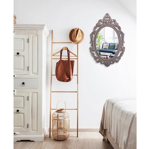 Oval Wooden Hanging Mirror Grey Carved Frame Wall Decor 24"x16" G38518