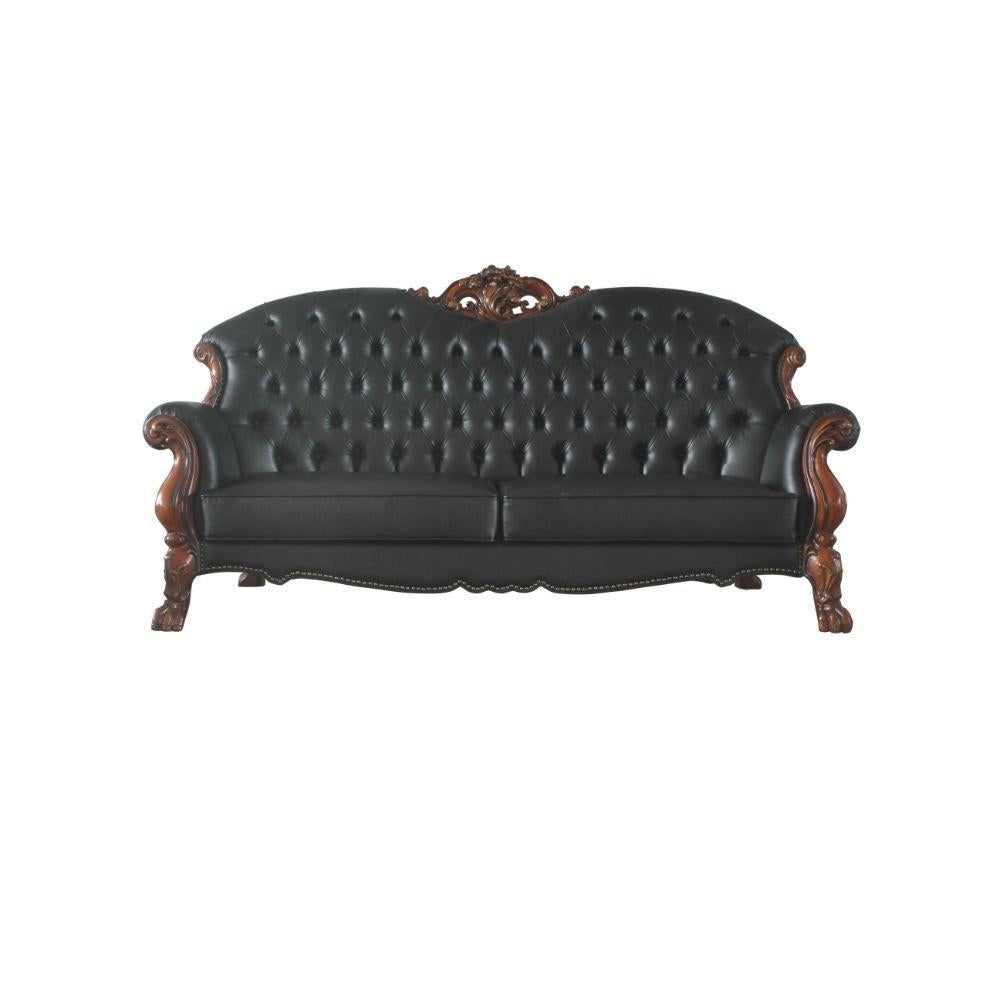 Luxury Vintage Cherry Oak & Black PU Dresden Sofa Set 3P ACME B342