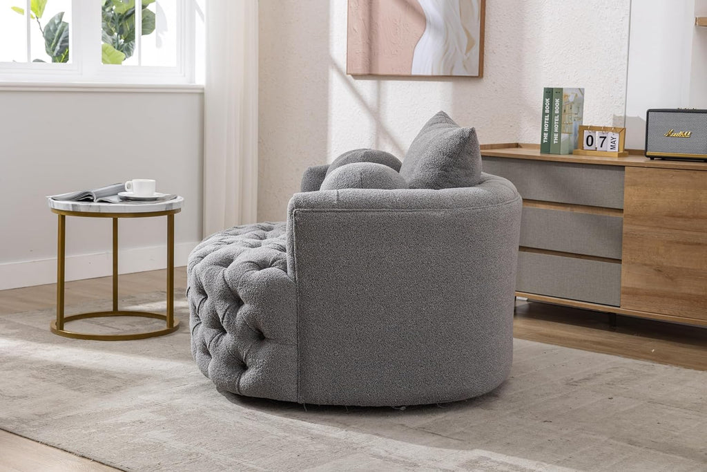 42.9" Oversized Swivel Accent Barrel Chair Chenille Tufted with 3 Pillows F8597