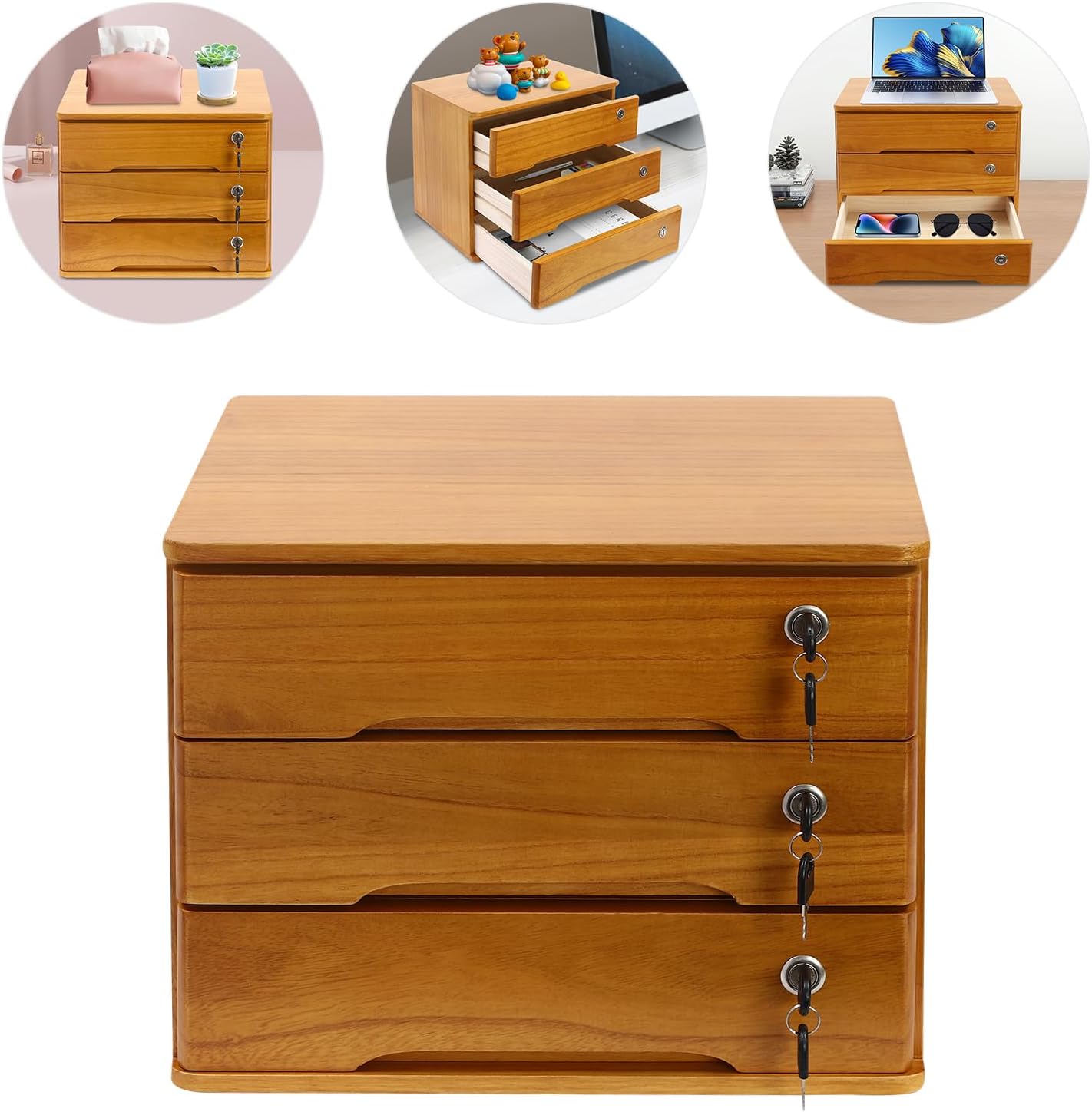 Wooden Desktop Storage Box with Lockable Drawers, File Organizer U4324