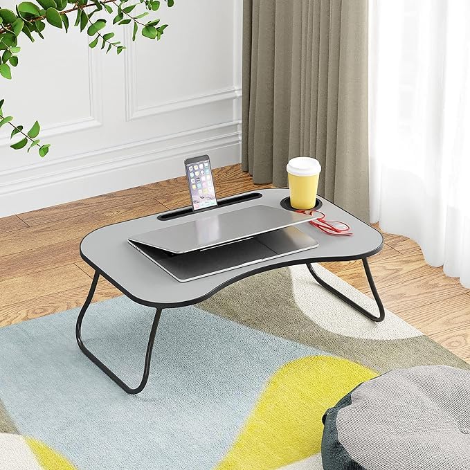 Foldable Laptop Table with Cup Holder & Tablet Slot, Gray J3294