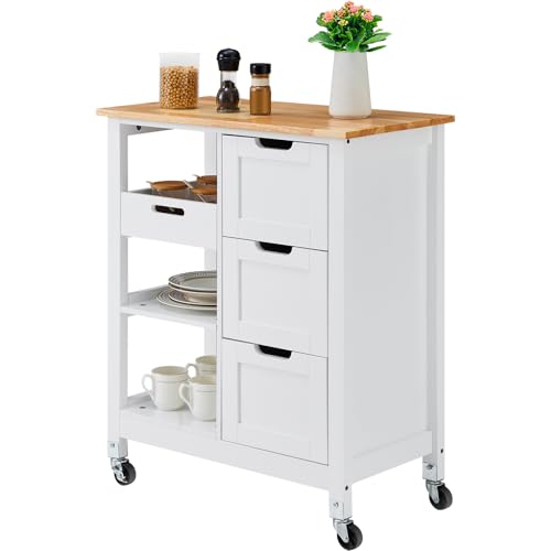 VEVOR Kitchen Island Cart, 26 inch Wood Top Rolling Cart with 3 Drawers D83256