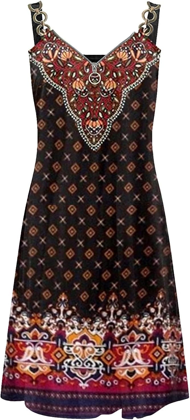 Women Boho Floral Print Sleeveless Sundress with Pockets V7437