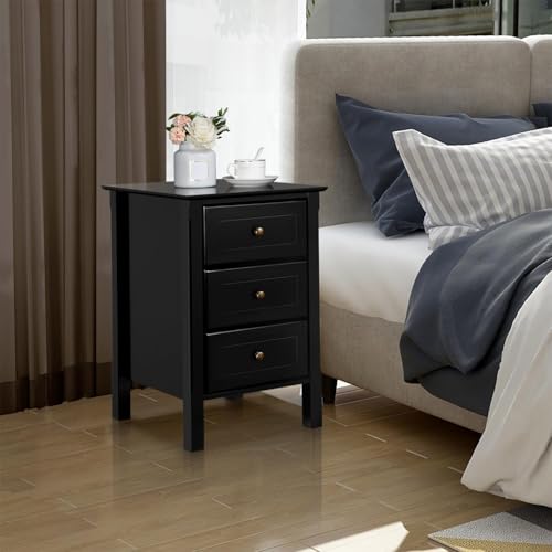 Yaheetech Bedside Table Set of 2, Nightstand with 3 Drawer and Solid Wood Legs, Black G20751