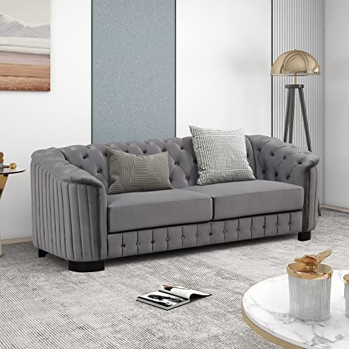 Velvet Chesterfield 3-Piece Living Room Sofa Set Grey Y688794