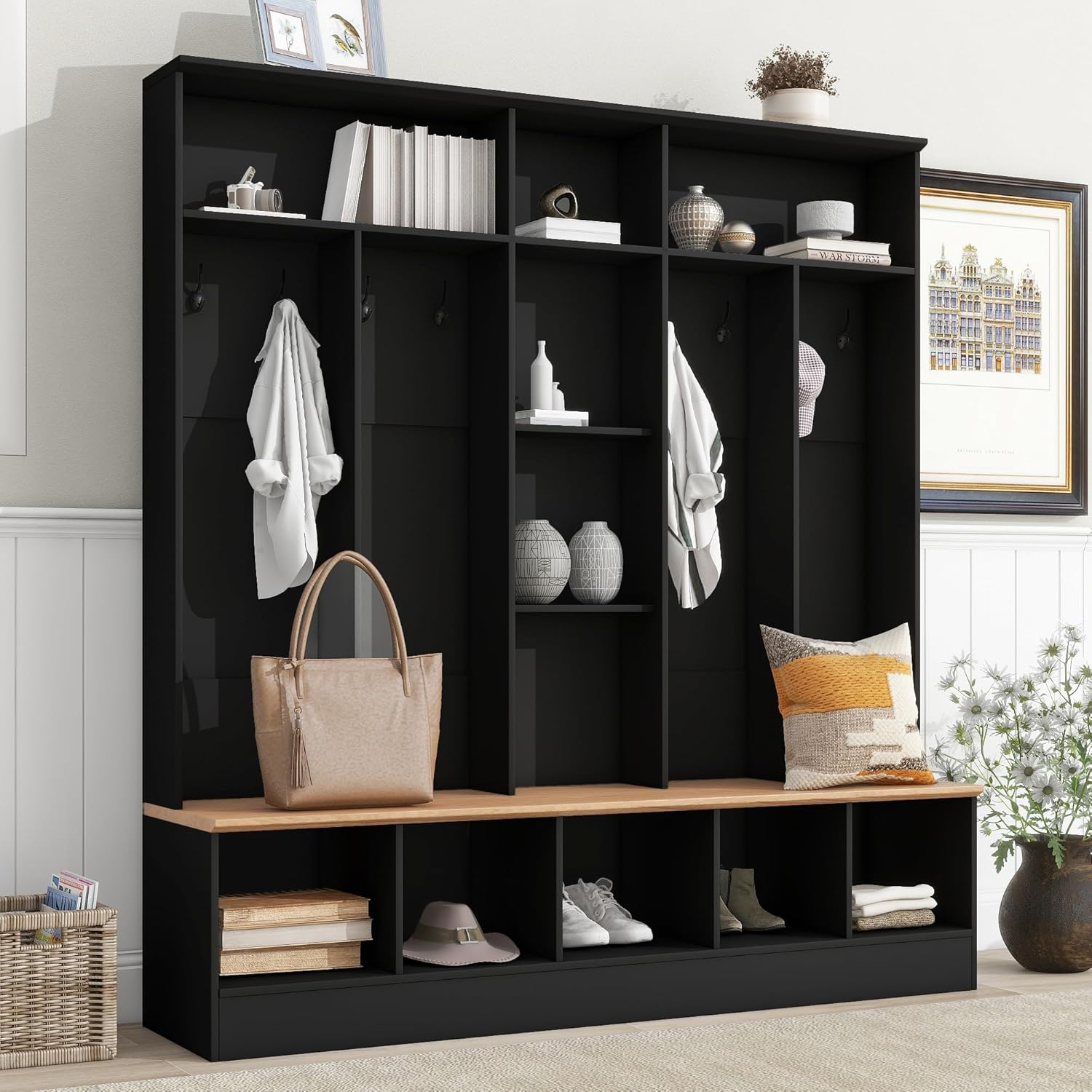 Wide Design 72''H Hall Tree with Storage Bench, Multifunctional Coat Rack with Minimalist Shoe Cabinet, Cube Storage & Shelves and 8 Hooks for Entryways, Mudroom, Black