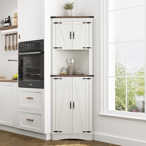 68" Tall Farmhouse Corner Cabinet, Corner Storage Cabinet with 4 Doors and Adjustable Shelves, Tall Barn Door Corner Cabinet with 5 Storage Shelves, for Kitchen, Bathroom, Antique White