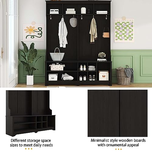 Hall Tree with Storage Bench, 60 Inch Wooden Mudroom Bench Q2403