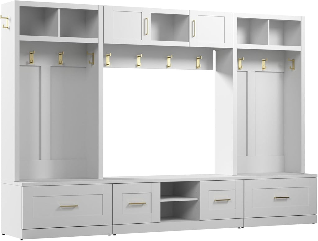 Bush Furniture Hampton Heights Full Entryway Storage Set with Coat Rack and Shoe Benches, White D250