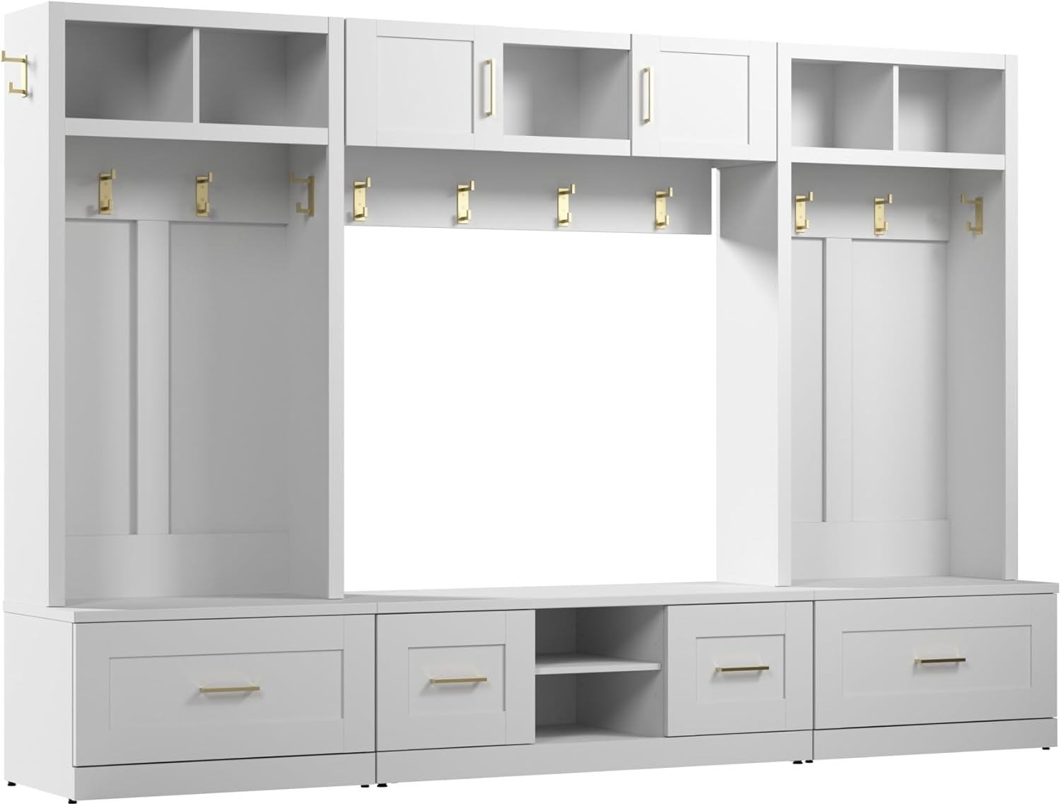 Bush Furniture Hampton Heights Full Entryway Storage Set with Coat Rack and Shoe Benches, White D250
