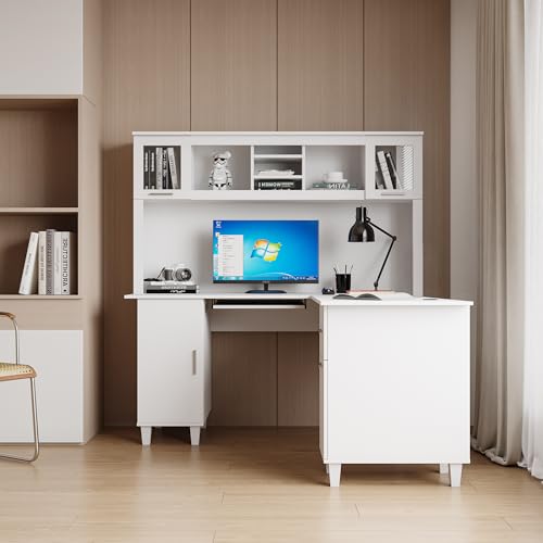 Modern Desk with Storage 2-Tier Shelves, Drawer and Cabinet, White R50834