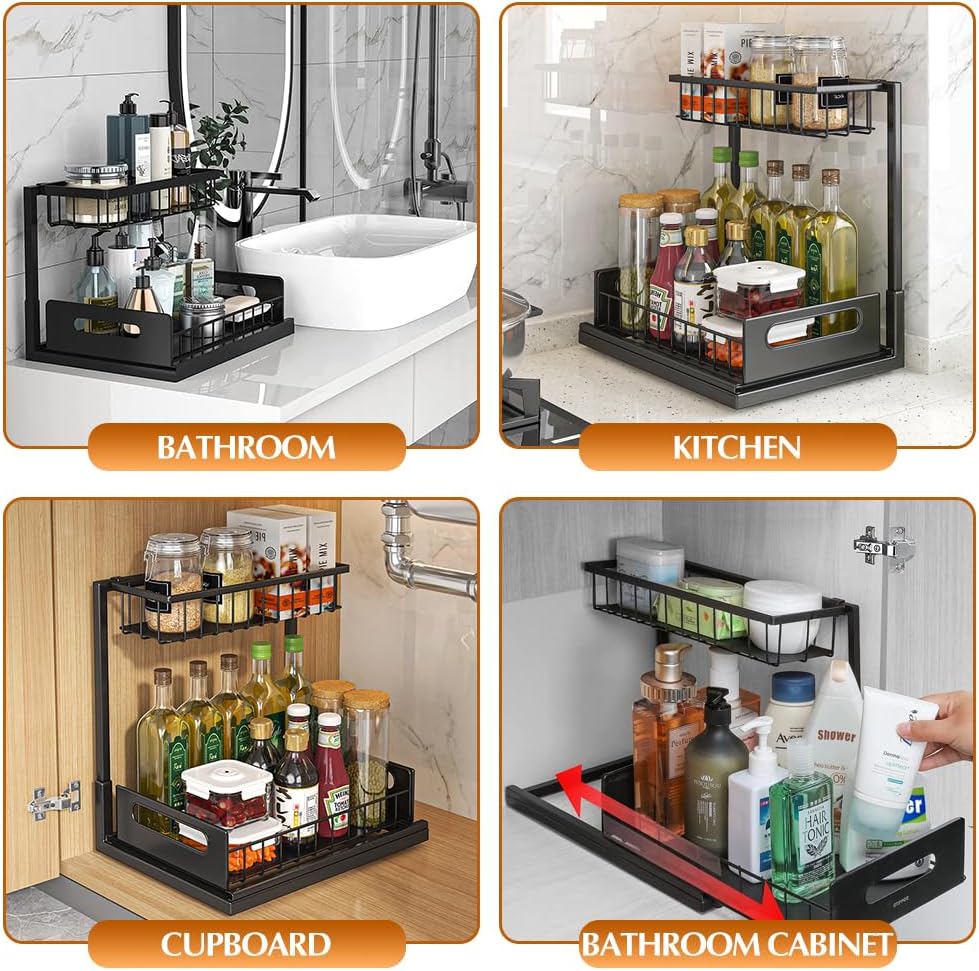 2 Pack Under Sink Organizers, Metal Slide Out Cabinet Shelf with Sliding Drawer Q31683