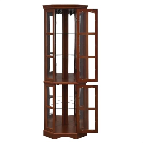Lighted Corner Curio Cabinet Glass Display Case with 4 Adjustable Shelves, Mirrored Back Panel and 4 Tempered Doors, for Living Room Bedroom Office, 23.75"×11.75"×70", Cherry