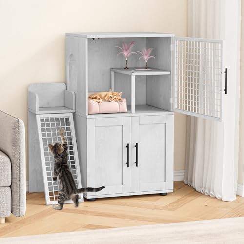 IDEALHOUSE Modern Villa Cat Litter Box Enclosure with Platform, Wax Wood H4670
