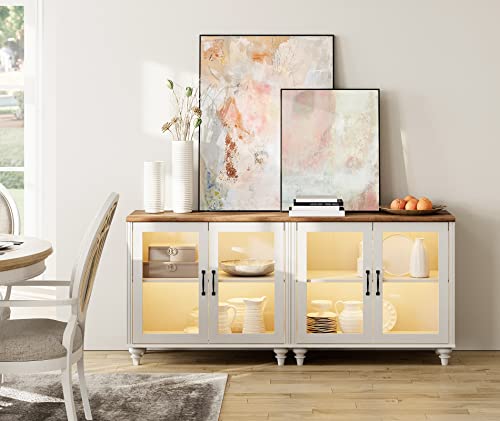 WAMPAT TV Stand for 43 Inch TV with Yellow LED Light, Wood Console Table, Off White I117
