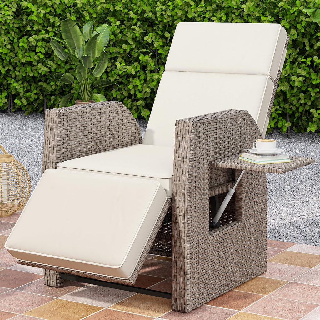 YITAHOME Outdoor Recliner Chair, Patio Wicker Lounge Chair with Adjustable Angle, Flip Table, Reclining Lounge Chair for Outside with Thick Cushions for Deck Backyard Pool Side, Beige(1 pack only)