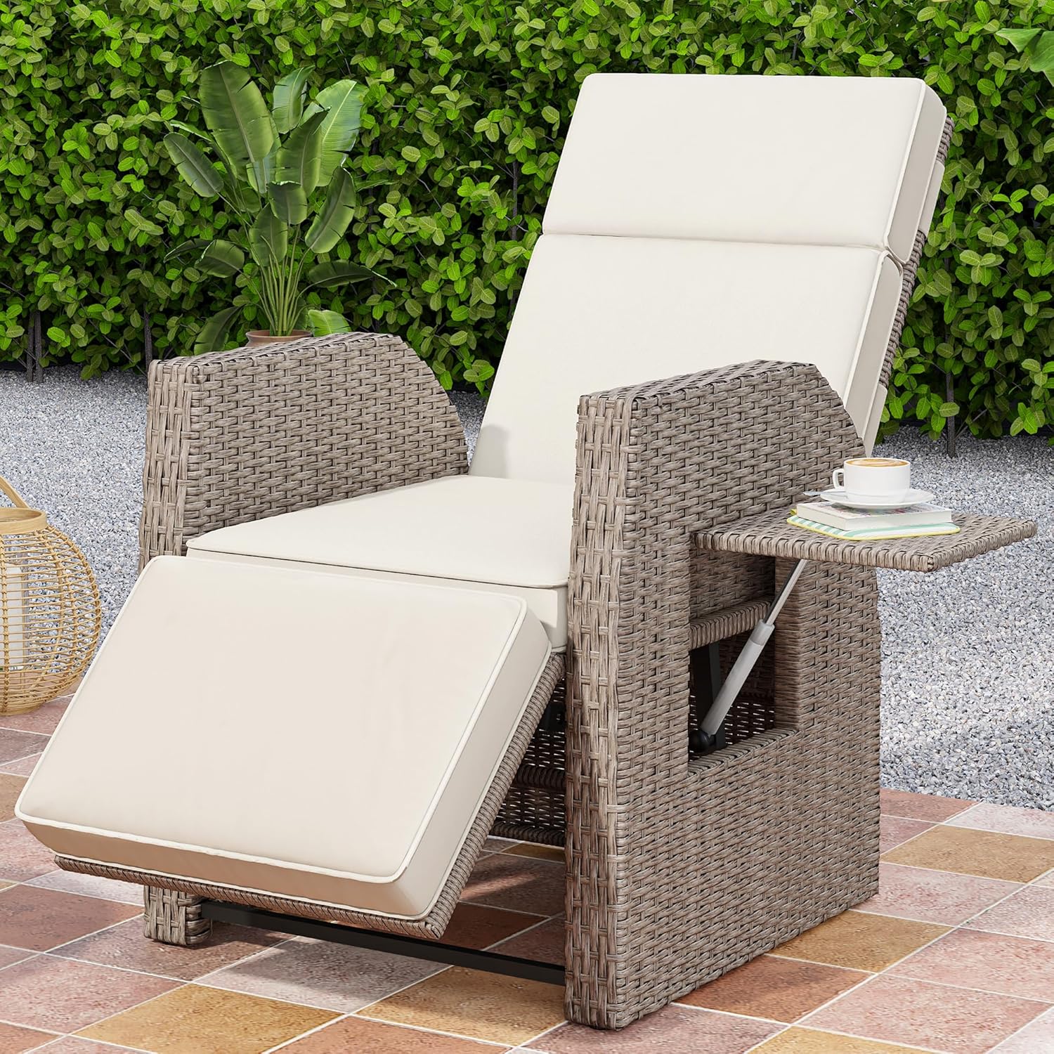 YITAHOME Outdoor Recliner Chair, Patio Wicker Lounge Chair with Adjustable Angle, Flip Table, Reclining Lounge Chair for Outside with Thick Cushions for Deck Backyard Pool Side, Beige(1 pack only)