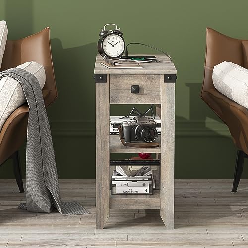 Fameill End Tables Set of 2, Narrow Side Table with Charging Station, Rustic Grey S81225