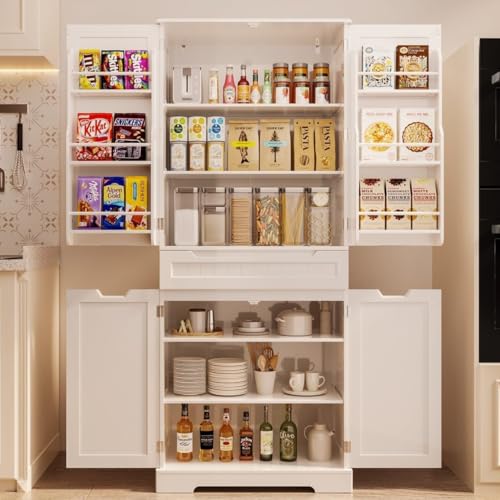 Gizoon 71" Tall Kitchen Pantry Storage Cabinet with Doors and Shelves Large Freestanding Pantry Storage Cabinet with Drawer Wooden Sideboard Buffet Cabinet for Bathroom Craft Room, White