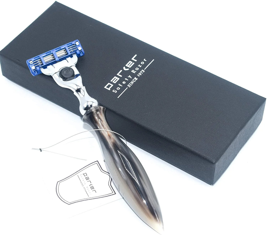 Parker Safety Razor 50M Genuine Ox Horn Mach 3 with 1 Gillette Blade C654
