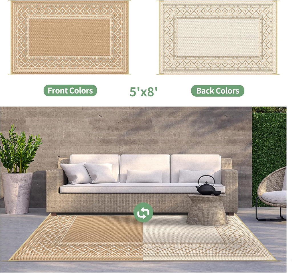 GENIMO Outdoor Rug 5' x 8' Waterproof Reversible Plastic Straw Rug for Patio, Camping, RV, Brown & Beige K43213