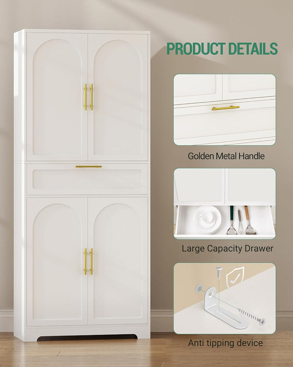 71" Kitchen Pantry Storage Cabinet with Adjustable Shelves, White F9467