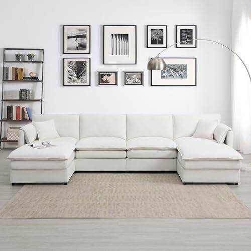 Modular U-Shaped Sectional Sofa with 2 Ottoman, Chenille, Cream F2854