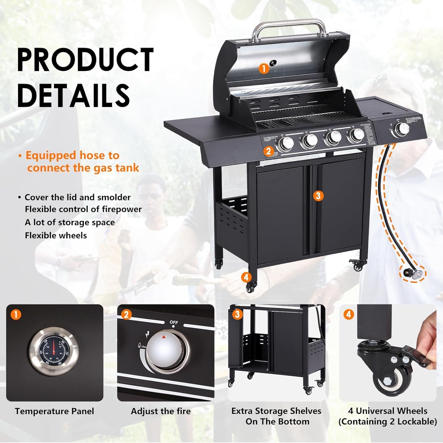 MAGIC UNION 4-Burner Propane Gas BBQ Grill with Side Burner, Cast Iron, Stainless Steel Grates P162