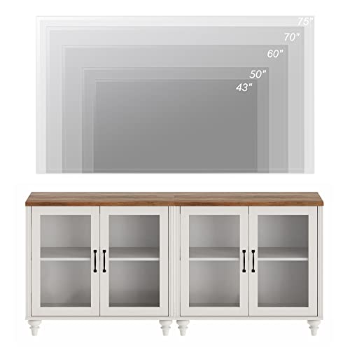 WAMPAT TV Stand for 43 Inch TV with Yellow LED Light, Wood Console Table, Off White I117