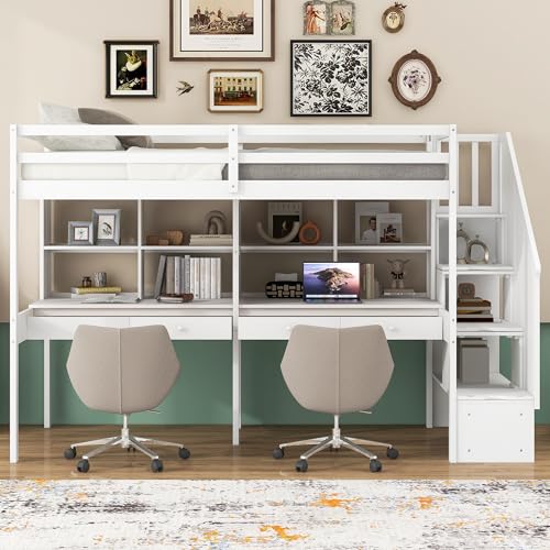 Harper & Bright Designs Twin Size Loft Bed with Stairs and Desks, White A4887