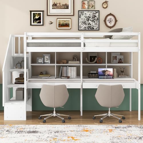 Harper & Bright Designs Twin Size Loft Bed with Stairs and Desks, White A4887