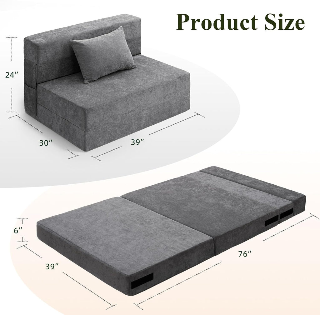 Folding Sofa Bed Convertible Sleeper Chair with Pillow, Gray L576356