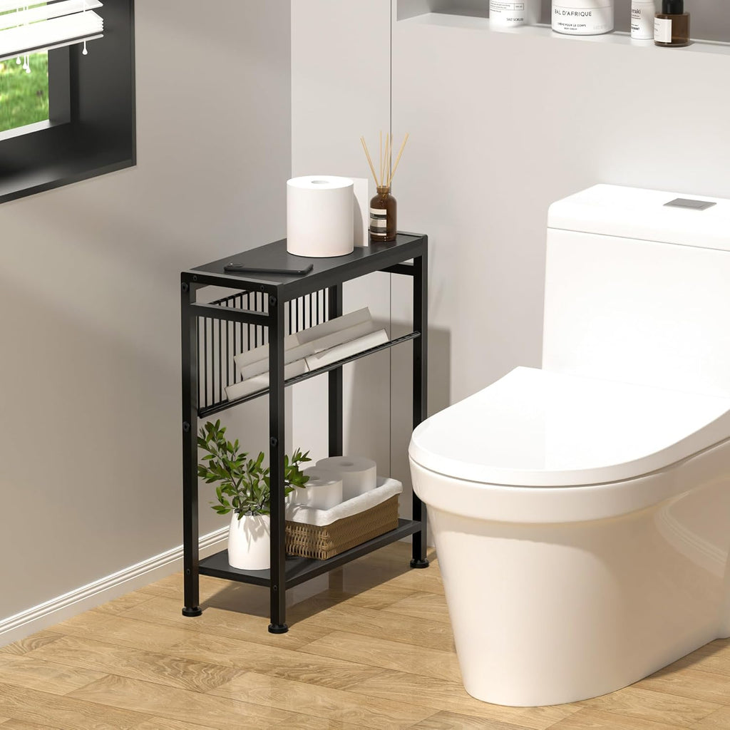 3-Tier Narrow Side Table with Magazine Holder, Set of 2 Bar Stools with Footrest W995575