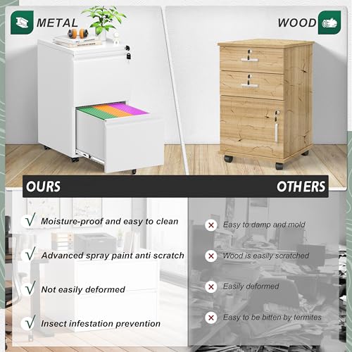 Superday 2 Drawer Metal Rolling File Cabinet with Lock, White E545765
