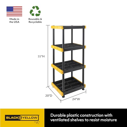 BLACK & YELLOW® 4-Tier Heavy Duty Plastic Storage Shelving Unit, 100lbs/shelf, Indoor/Outdoor, 2 Pack R9632