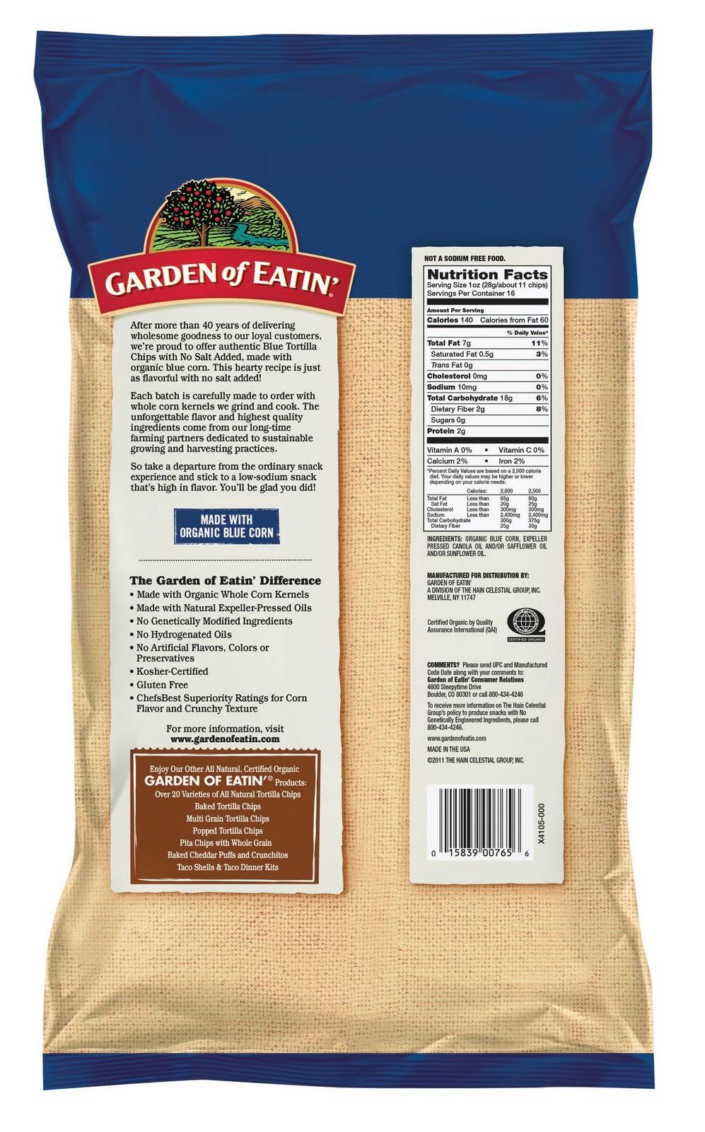 Garden of Eatin No Salt Added Blue Corn Tortilla Chips 16 oz. I57776