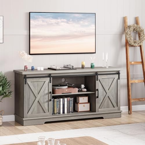 IDEALHOUSE Farmhouse TV Stand for 65 Inch TV with Sliding Barn Doors, White U78240
