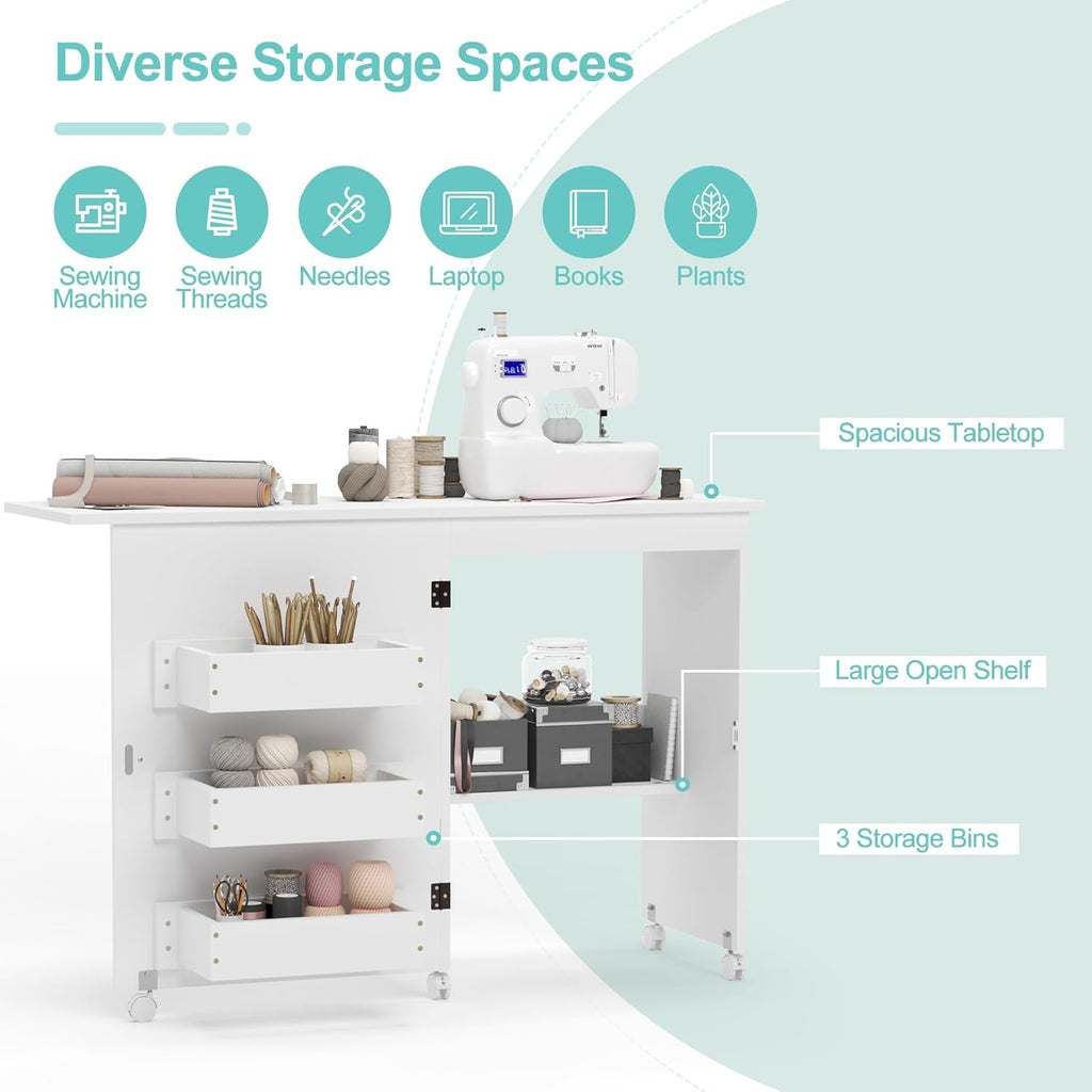 Folding Sewing Table with 3 Storage Shelves and Lockable Casters (White) C3044