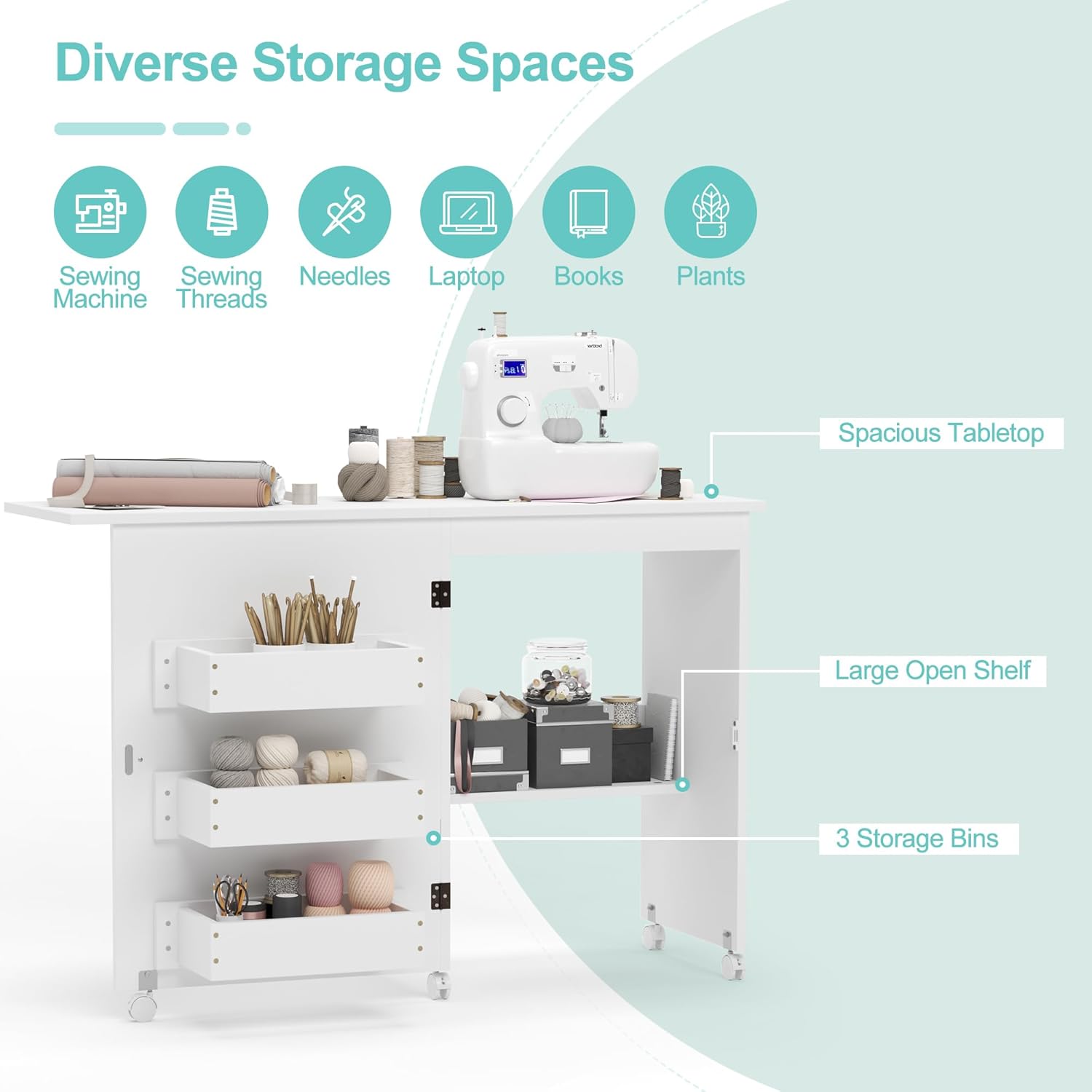 Folding Sewing Table with 3 Storage Shelves and Lockable Casters (White) C3044