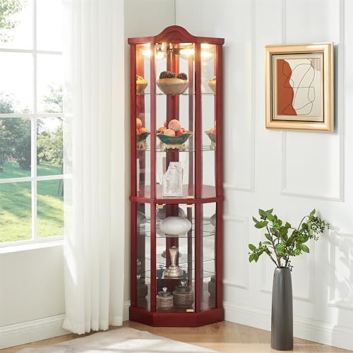 Henf 69.6" Lighted Corner Cabinet, Glass Display Curio Cabinet with Glass Doors, Adjustable Shelves and Mirrored Back Panel,Curved Wood Corner Curio Storage Rack with Bulb Included for Living Room