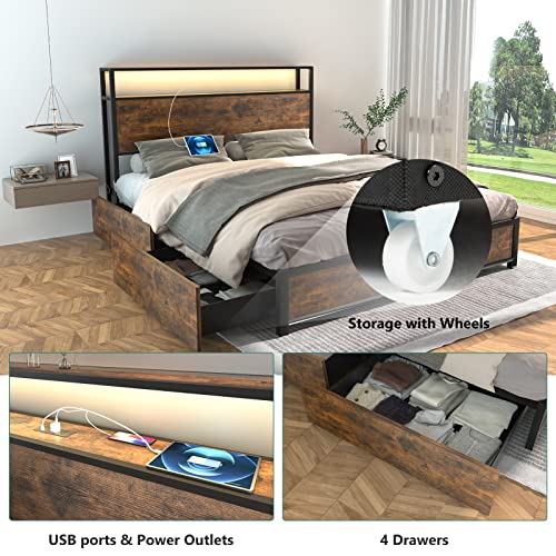 Gitua Full Size Bed Frame with Storage Drawers, LED Lights and Charging Station, Rustic Brown B13916