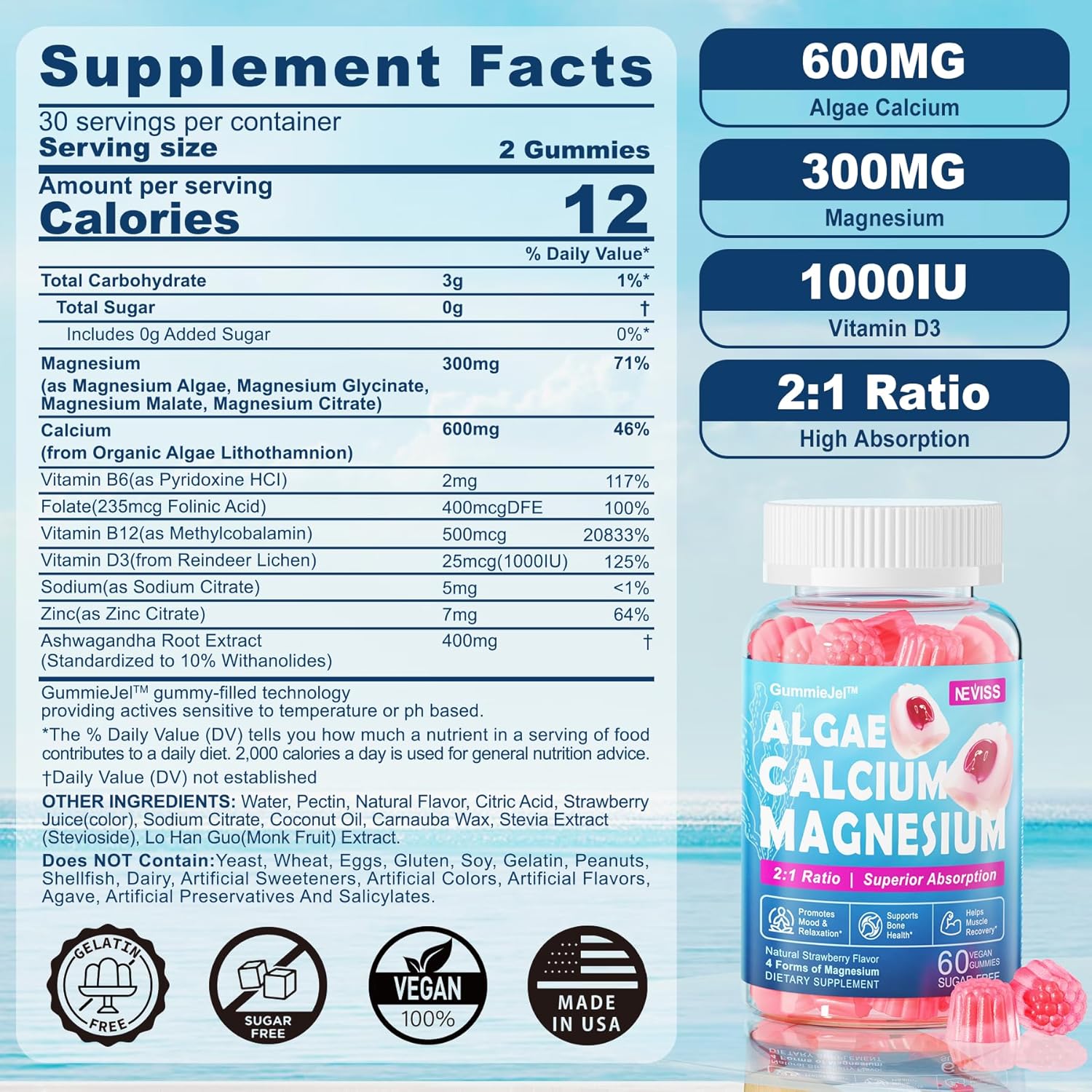 Calcium Supplement Gummy with Algae Calcium, Magnesium, Zinc, D3 & B12 W7916