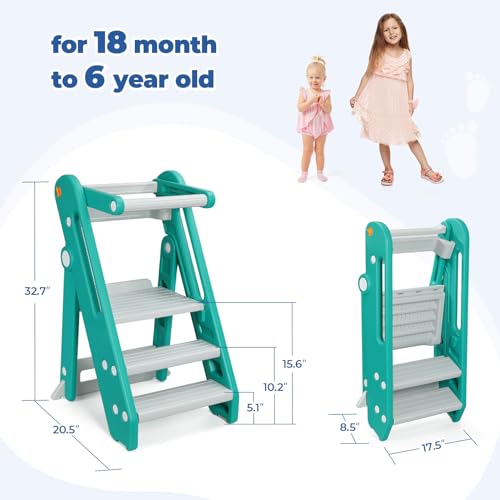 Onasti Toddler Tower Kitchen Stool Helper - Foldable, Adjustable Height, Blue Grey E26106