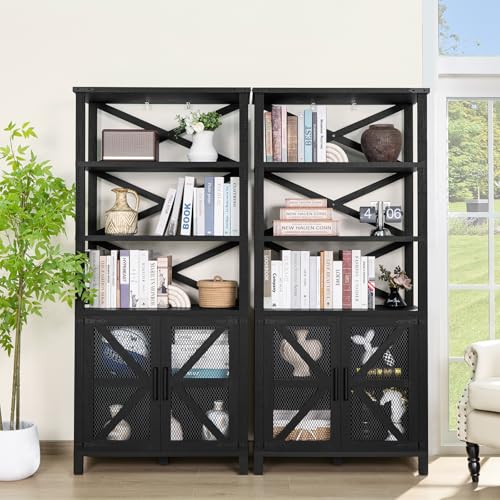 5 Tier Bookshelf 70" Tall Bookcase with Barn Doors, Blue (2PCS) L9935
