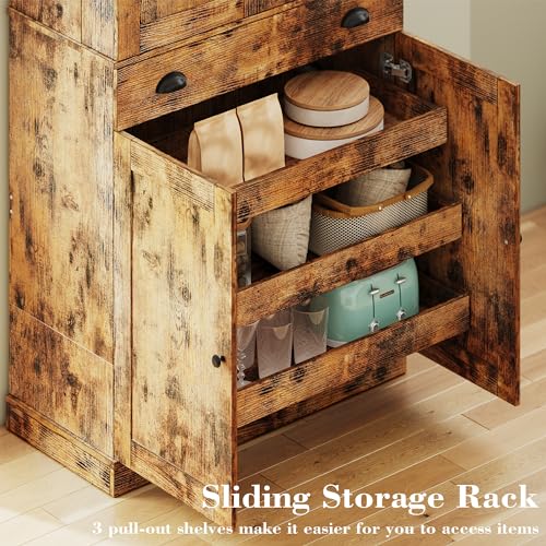 Kitchen Pantry Cabinet with Sliding Storage Rack and Hanging Shelves, 72" Tall Freestanding Cupboard M879