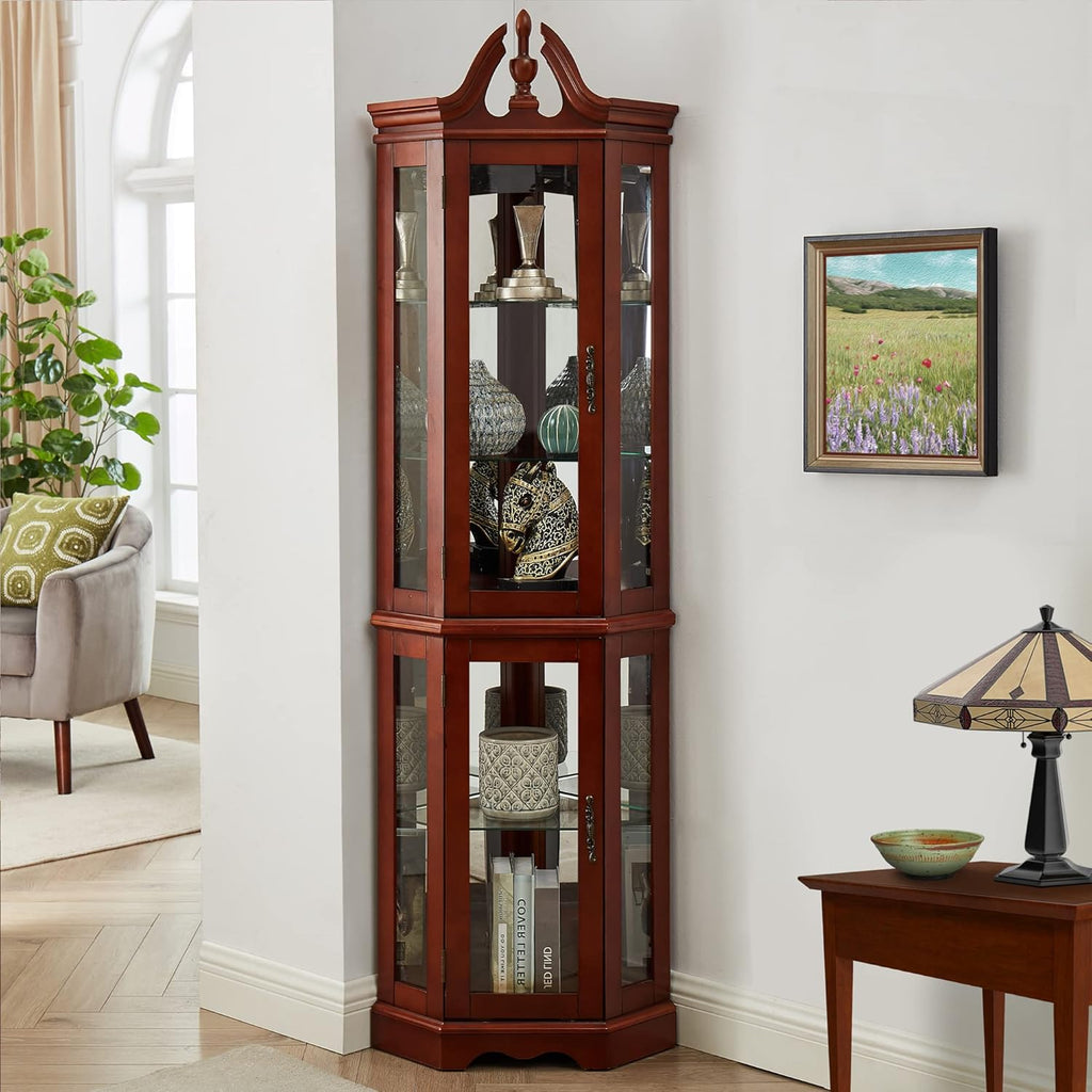 Lighted Curio Cabinet with Curved Top, Wooden Corner Display with Glass Shelves V360