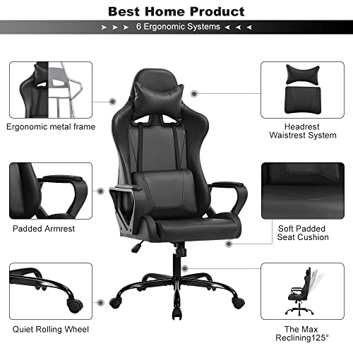 High Back Gaming Chair Ergonomic PU Leather with Lumbar Support Headrest, White E917513