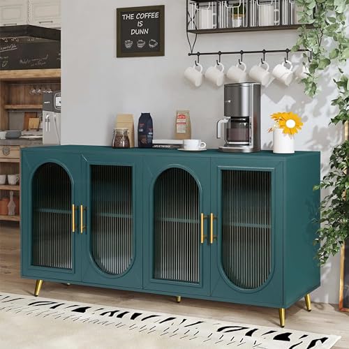 60'' Modern 4-doors Wood Storage Sideboard Buffet Cabinet Console Gold Metal Legs Handle Adjustable Shelves Entryway Accent Credenza Table for Kitchen Dining Room Living Room Hallway (Navy Blue)