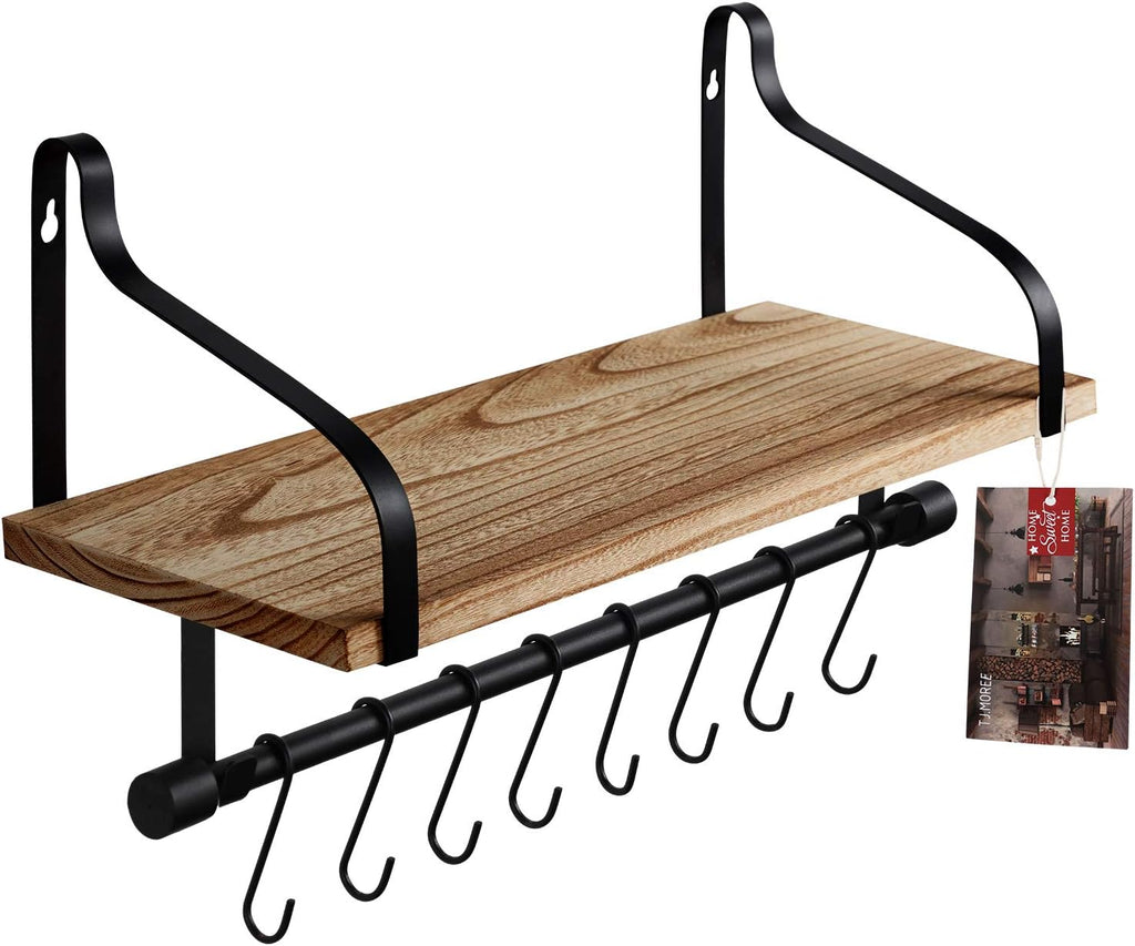 Floating Shelf, Rustic Wood Shelf with 8 Hooks, Coffee Bar Display Shelf, Kitchen Spice Rack